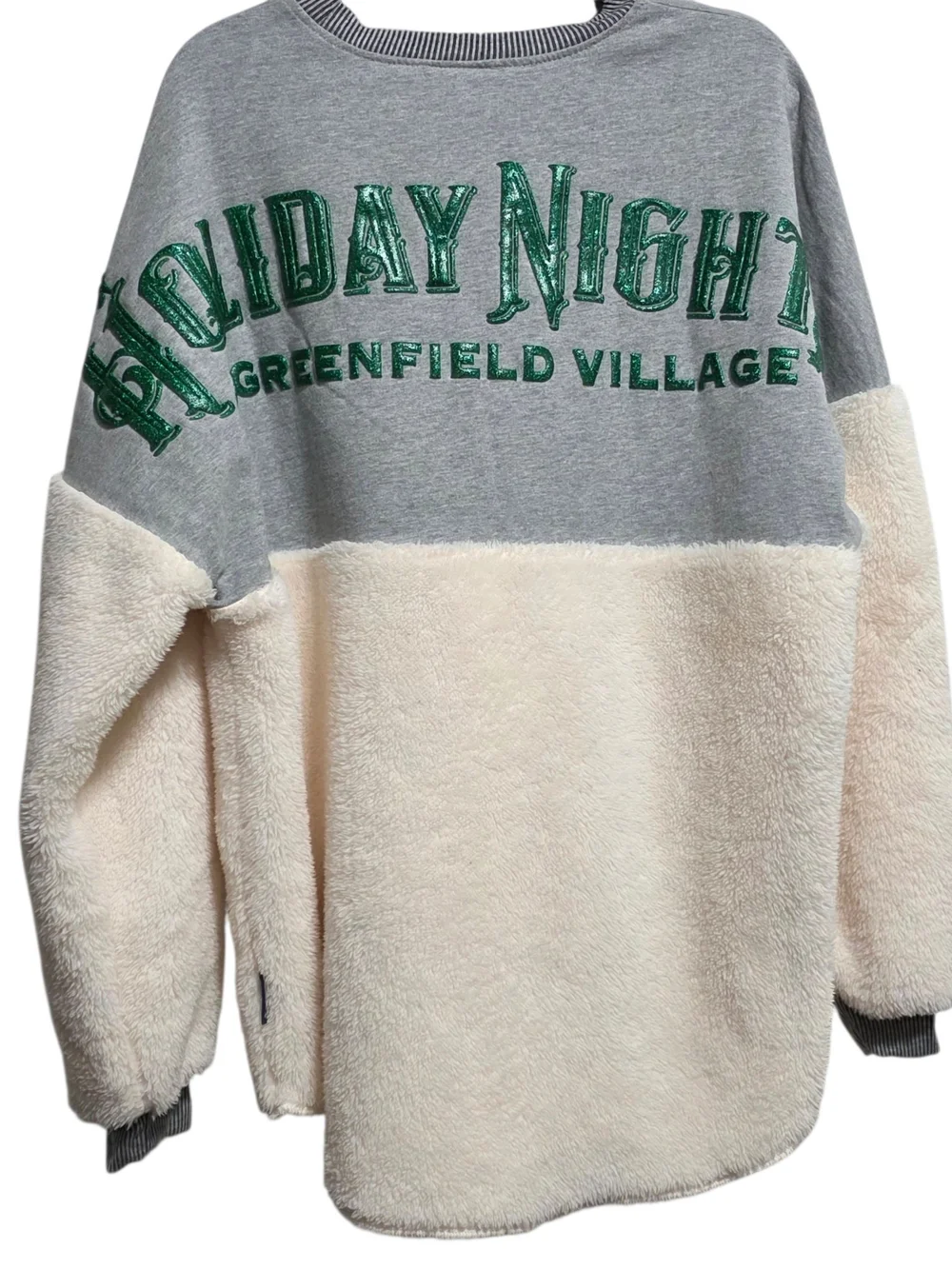 Spirit Jersey Holiday Nights Sherpa Pullover Sweatshirt Gray Cream Cozy Sz M